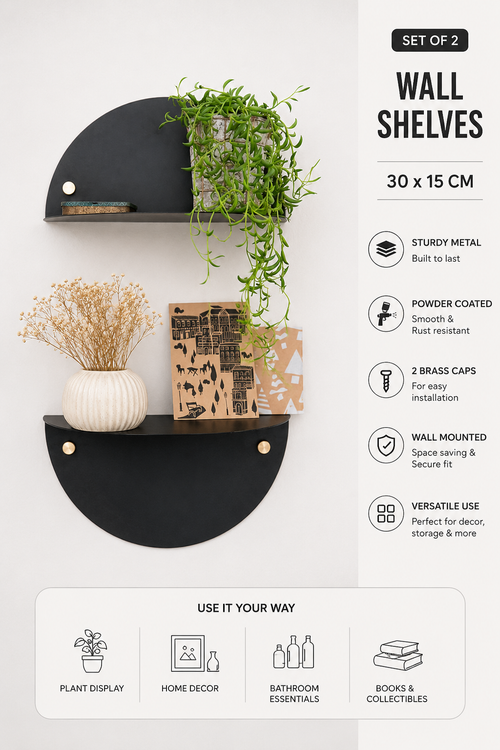 Half Moon Wall Shelf With Brass Caps - Set of 2
